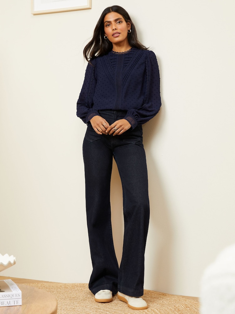 Love & Roses Navy Blue High Neck Lace Trim Long Sleeve Blouse - Image 4 of 4