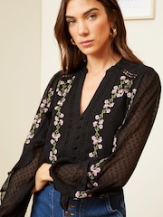 Love & Roses Black Ruffle Trim V Neck Long Sleeve Blouse - Image 1 of 4