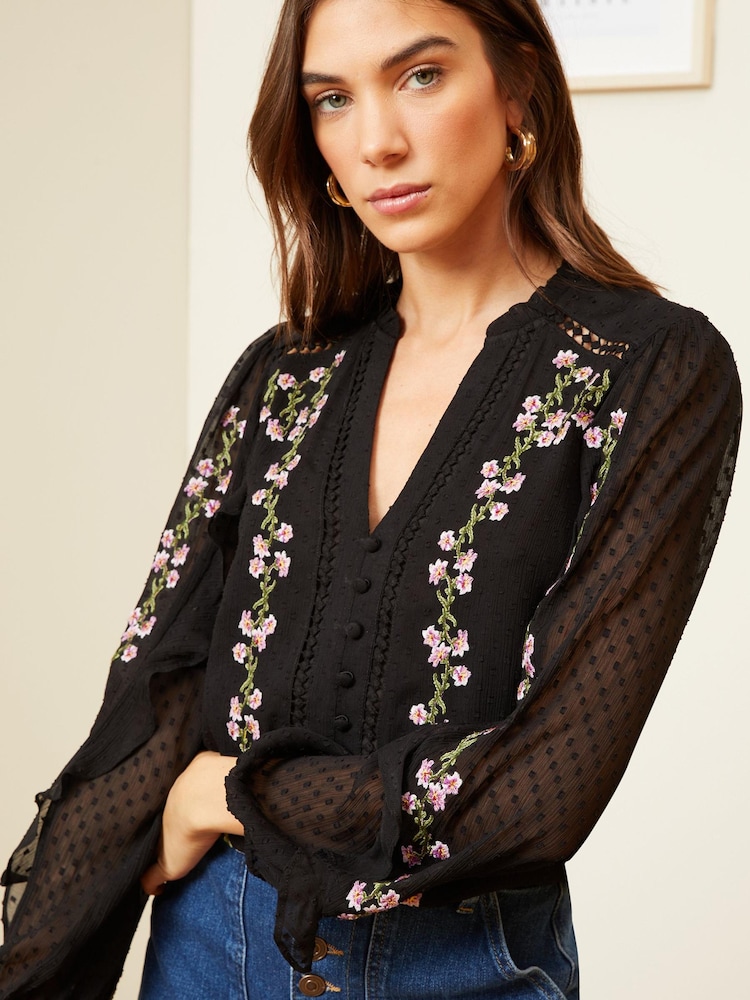 Love & Roses Black Ruffle Trim V Neck Long Sleeve Blouse - Image 1 of 4 Love & Roses Black Ruffle Trim V Neck Long Sleeve Blouse - Image 1 of 4