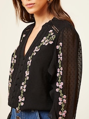 Love & Roses Black Ruffle Trim V Neck Long Sleeve Blouse - Image 2 of 4