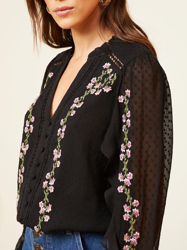 Love & Roses Black Ruffle Trim V Neck Long Sleeve Blouse - Image 2 of 4