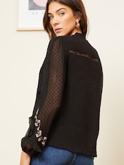 Love & Roses Black Ruffle Trim V Neck Long Sleeve Blouse - Image 3 of 4
