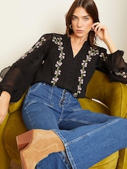Love & Roses Black Ruffle Trim V Neck Long Sleeve Blouse - Image 4 of 4