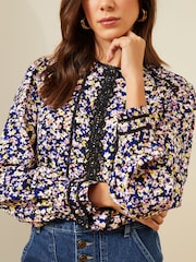 Love & Roses Navy Blue Ditsy Petite Printed Crew Neck Lace Trim Long Sleeve Blouse - Image 2 of 4