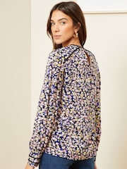 Love & Roses Navy Blue Ditsy Petite Printed Crew Neck Lace Trim Long Sleeve Blouse - Image 3 of 4