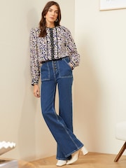 Love & Roses Navy Blue Ditsy Petite Printed Crew Neck Lace Trim Long Sleeve Blouse - Image 4 of 4