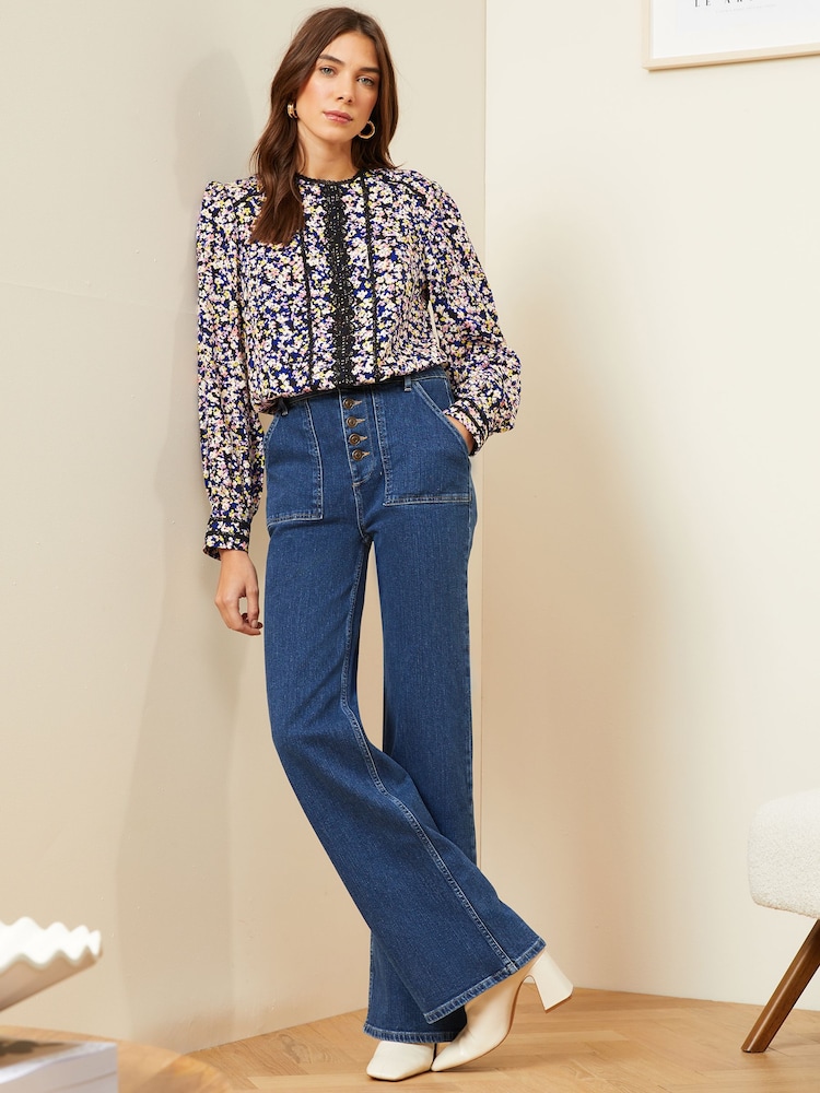 Love & Roses Navy Blue Ditsy Petite Printed Crew Neck Lace Trim Long Sleeve Blouse - Image 4 of 4 Love & Roses Navy Blue Ditsy Petite Printed Crew Neck Lace Trim Long Sleeve Blouse - Image 4 of 4