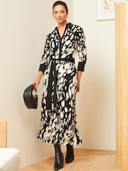 Love & Roses Black Animal Petite Jersey Pleated Belted Midi Summer Shirt Dress - Image 1 of 4
