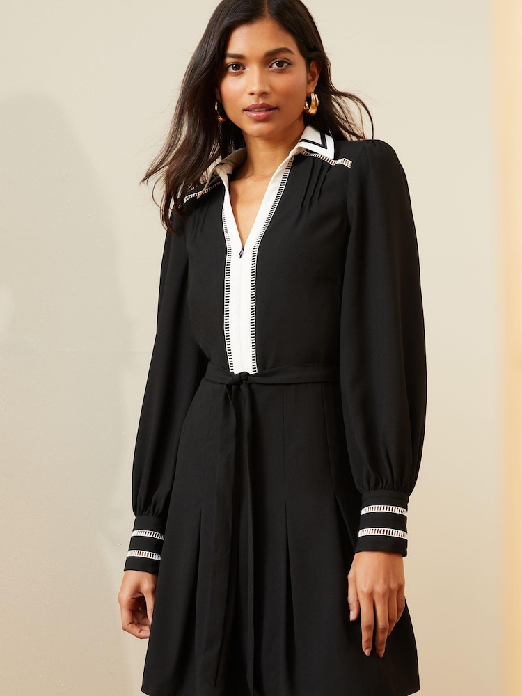 Love & Roses Black and White Contrast Detail Zip Belted Mini Dress - Image 1 of 4