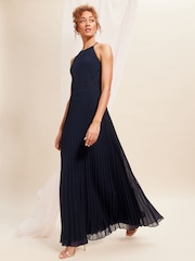 Love & Roses Navy Blue Pleated Lace Insert Bridesmaid Maxi Dress - Image 3 of 4