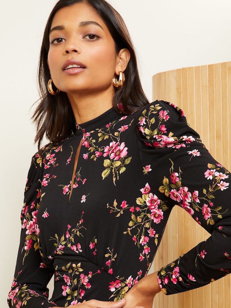 Love & Roses Black Floral Petite Jersey Long Sleeve Keyhole Midi Dress - Image 2 of 4