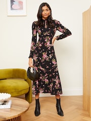 Love & Roses Black Floral Petite Jersey Long Sleeve Keyhole Midi Dress - Image 4 of 4