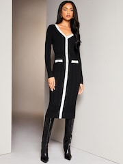 Lipsy Black/White Button V Neck Long Sleeve Bodycon Midi Dress - Image 1 of 4