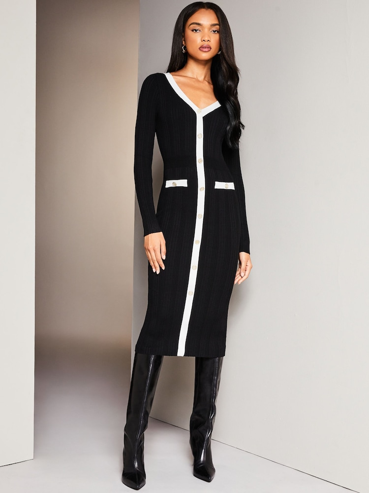 Lipsy Black/White Button V Neck Long Sleeve Bodycon Midi Dress - Image 1 of 4