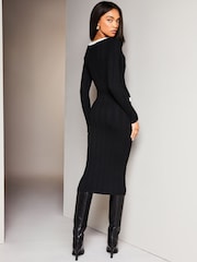 Lipsy Black/White Button V Neck Long Sleeve Bodycon Midi Dress - Image 2 of 4