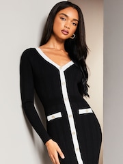 Lipsy Black/White Button V Neck Long Sleeve Bodycon Midi Dress - Image 4 of 4