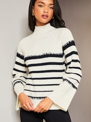 Lipsy Navy Blue Striped High Neck Wide Sleeve Knitted Jumper - Image 1 of 4