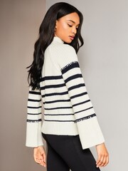 Lipsy Navy Blue Striped High Neck Wide Sleeve Knitted Jumper - Image 2 of 4