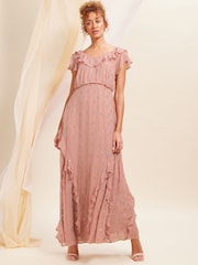 Love & Roses Pink Metallic Ruffle Detail Tie Back Maxi Dress - Image 1 of 4