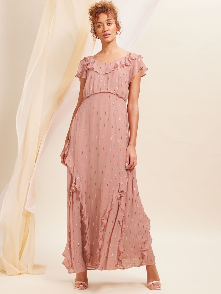 Love & Roses Pink Metallic Ruffle Detail Tie Back Maxi Dress - Image 1 of 4