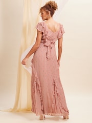 Love & Roses Pink Metallic Ruffle Detail Tie Back Maxi Dress - Image 3 of 4