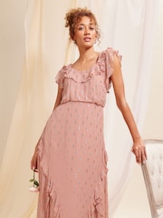 Love & Roses Pink Metallic Ruffle Detail Tie Back Maxi Dress - Image 4 of 4