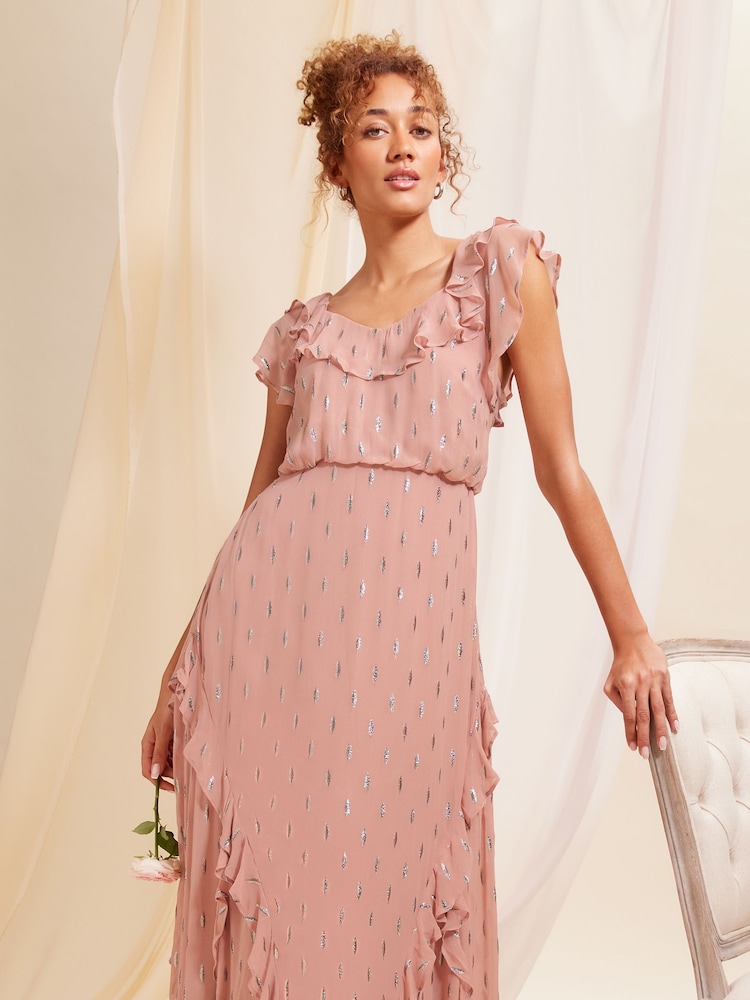 Pink - Love & Roses Maxikleid mit Rüschendetails und Bindeband hinten in Metallic - Bild 4 von 4 Pink - Love & Roses Maxikleid mit Rüschendetails und Bindeband hinten in Metallic - Bild 4 von 4