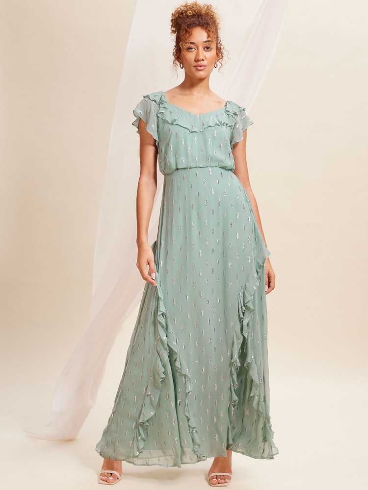 Grün - Love & Roses Maxikleid mit Rüschendetails und Bindeband hinten in Metallic - Bild 1 von 4 Grün - Love & Roses Maxikleid mit Rüschendetails und Bindeband hinten in Metallic - Bild 1 von 4