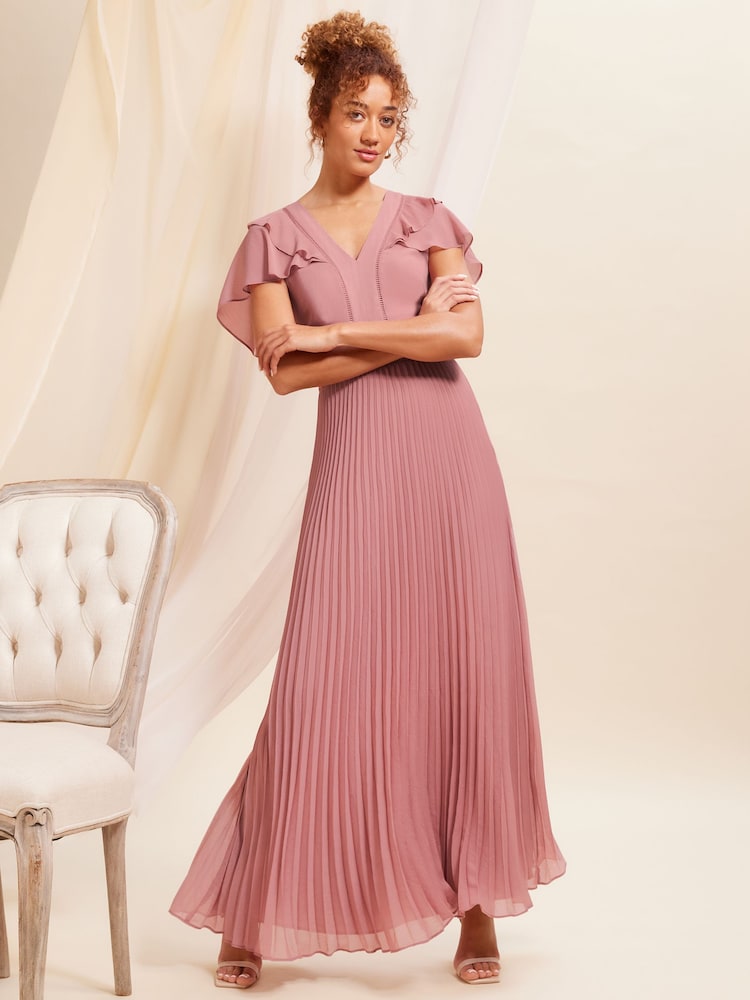 Love & Roses Rose Pink Ruffle Cape Detail Lace Trim Pleated Maxi Bridesmaid Dress - Image 1 of 4