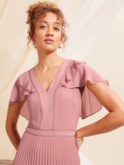 Love & Roses Rose Pink Ruffle Cape Detail Lace Trim Pleated Maxi Bridesmaid Dress - Image 2 of 4