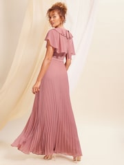 Love & Roses Rose Pink Ruffle Cape Detail Lace Trim Pleated Maxi Bridesmaid Dress - Image 3 of 4