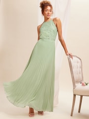 Love & Roses Sage Green Pleated Lace Insert Bridesmaid Maxi Dress - Image 1 of 4