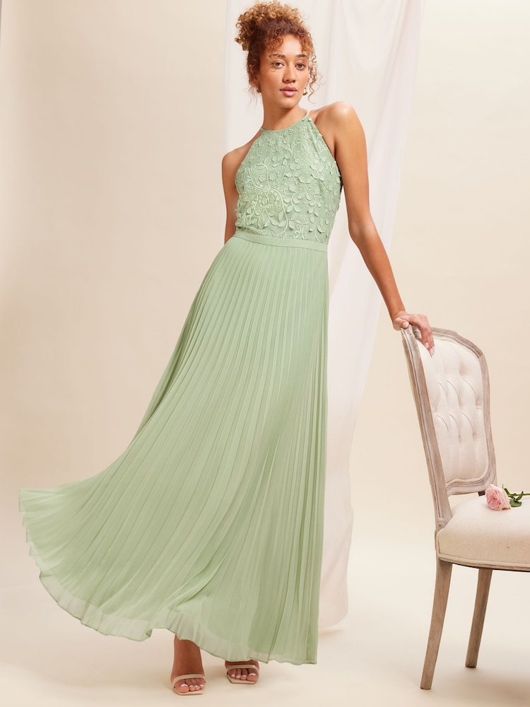Love & Roses Sage Green Pleated Lace Insert Bridesmaid Maxi Dress - Image 1 of 4