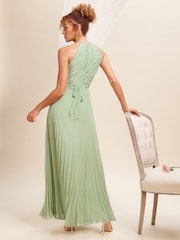 Love & Roses Sage Green Pleated Lace Insert Bridesmaid Maxi Dress - Image 3 of 4