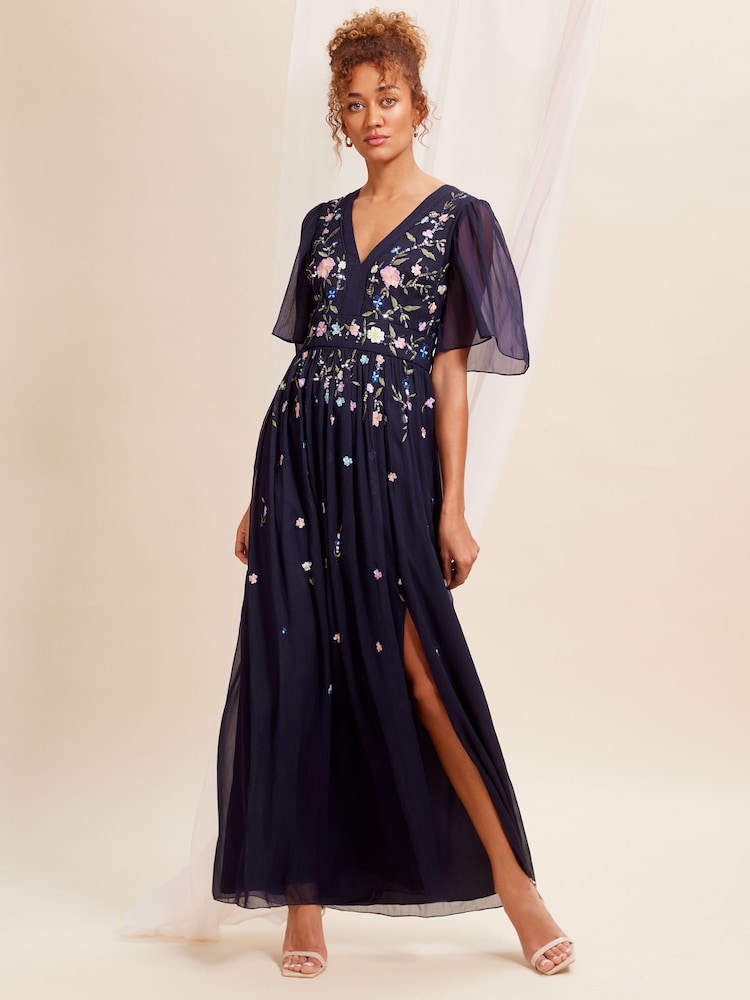 Love & Roses Navy Blue Embellished Chiffon Flutter Sleeve Maxi Dress - Image 2 of 4 Love & Roses Navy Blue Embellished Chiffon Flutter Sleeve Maxi Dress - Image 2 of 4