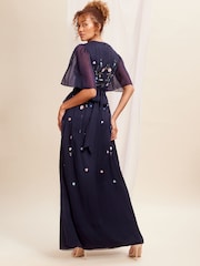 Love & Roses Navy Blue Embellished Chiffon Flutter Sleeve Maxi Dress - Image 3 of 4
