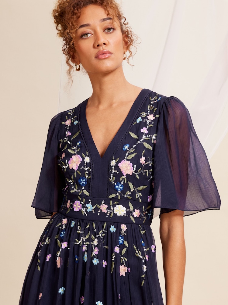 Love & Roses Navy Blue Embellished Chiffon Flutter Sleeve Maxi Dress - Image 4 of 4 Love & Roses Navy Blue Embellished Chiffon Flutter Sleeve Maxi Dress - Image 4 of 4