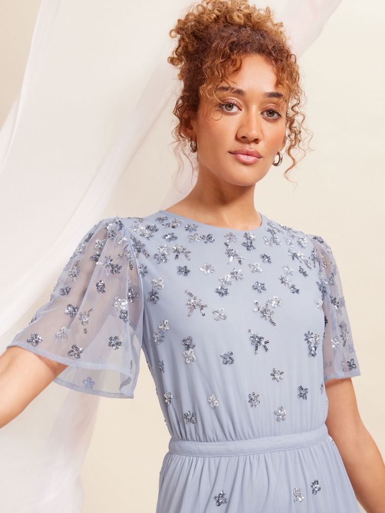 Love & Roses Blue Embellished Mesh Tiered Maxi Bridesmaid Dress - Image 2 of 4 Love & Roses Blue Embellished Mesh Tiered Maxi Bridesmaid Dress - Image 2 of 4
