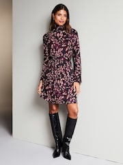 Lipsy Red Jersey Tie Waist High Neck Long Sleeve Shift Mini Dress - Image 3 of 4