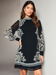 Lipsy Black/White Placement Printed Long Sleeve Shift Mini Dress - Image 1 of 4