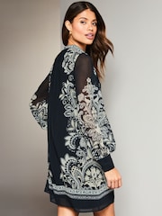 Lipsy Black/White Placement Printed Long Sleeve Shift Mini Dress - Image 2 of 4