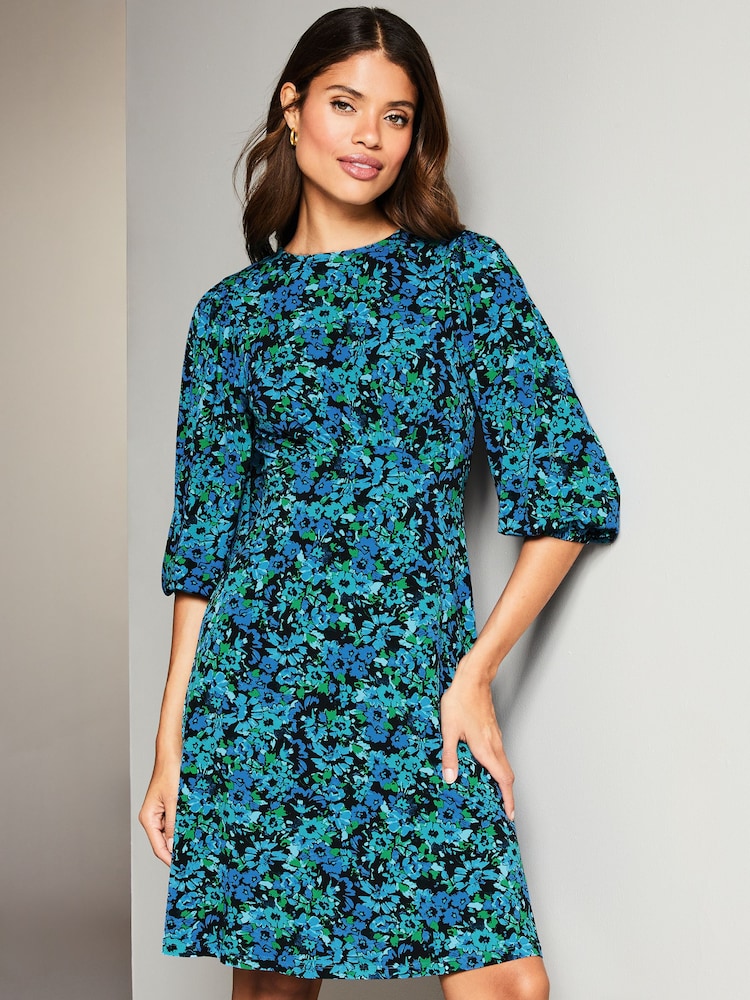 Lipsy Blue Ditsy Floral Jersey Underbust Puff Sleeve Mini Dress - Image 1 of 4