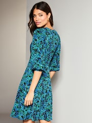 Lipsy Blue Ditsy Floral Jersey Underbust Puff Sleeve Mini Dress - Image 2 of 4