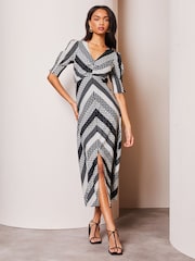 Lipsy Black V Neck Spot Short Sleeve Midi Dress - Image 1 of 4