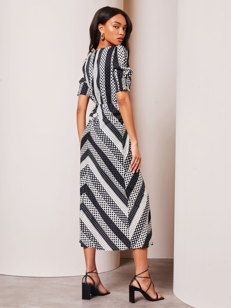 Lipsy Black V Neck Spot Short Sleeve Midi Dress - Image 2 of 4