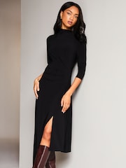 Lipsy Black Petite Jersey Asymmetric Hem High Neck Midi Jumper Dress - Image 1 of 4