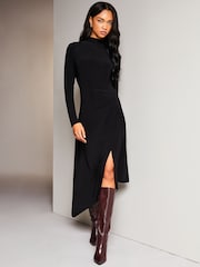 Lipsy Black Petite Jersey Asymmetric Hem High Neck Midi Jumper Dress - Image 3 of 4
