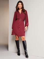 Lipsy Berry Red Woven Belted Button Through Mini Shirt Dress - Image 3 of 4
