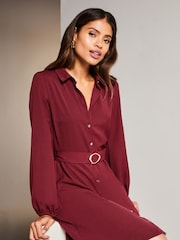 Lipsy Berry Red Woven Belted Button Through Mini Shirt Dress - Image 4 of 4