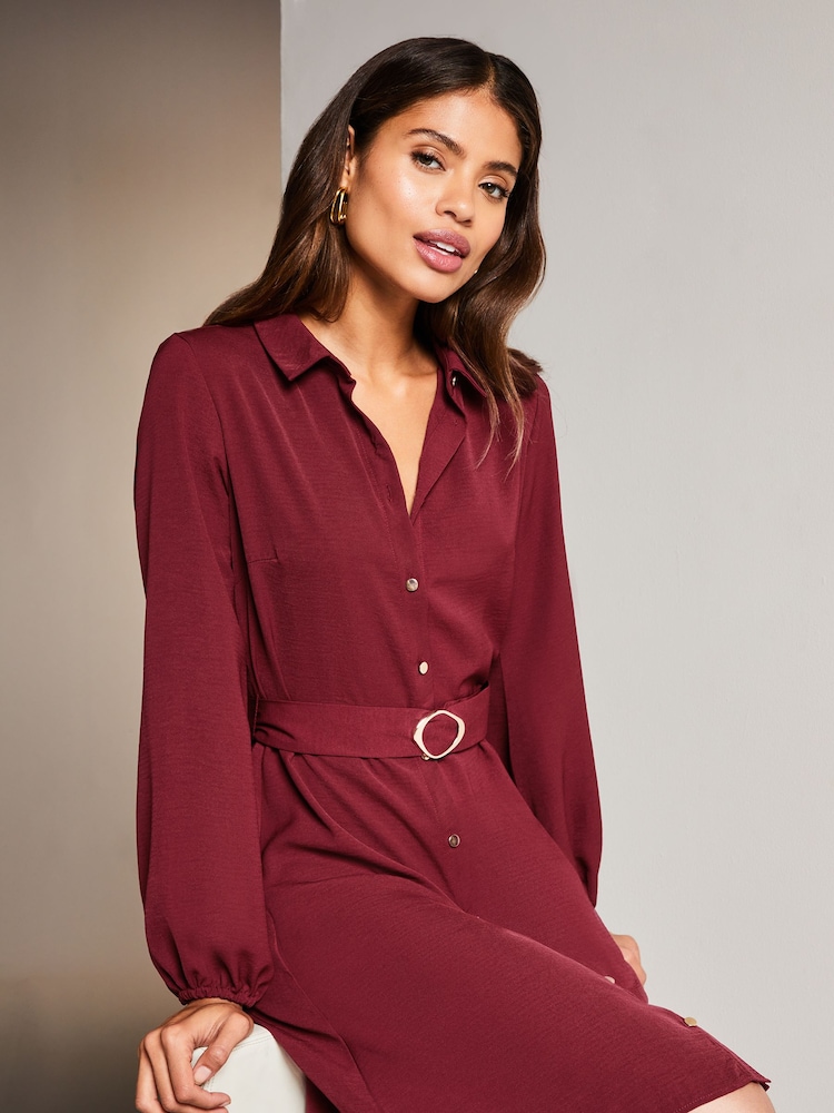 Lipsy Berry Red Woven Belted Button Through Mini Shirt Dress - Image 4 of 4